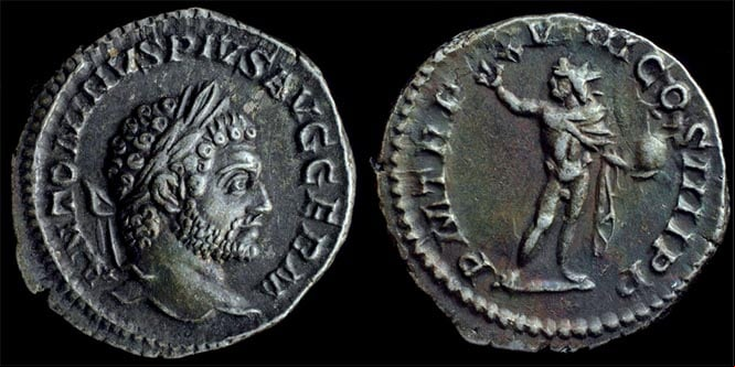 Denario de plata de Caracalla acuñado en Roma en el año 216.