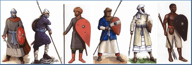 Infantería almorávide de izquierda a derecha: comandante musulmán, infante andaluz, infante pesado bereber, infante pesado almorávide, infante ligero almorávide y guerrero de Senegal